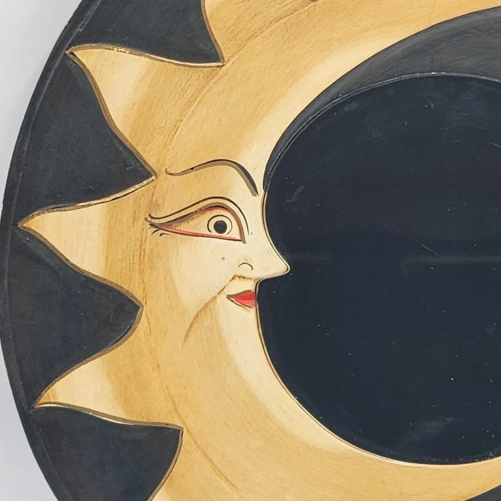 Vintage Hand Carved Celestial Sun Moon Mirror Bali Folk Art Wall Decor Eclectic